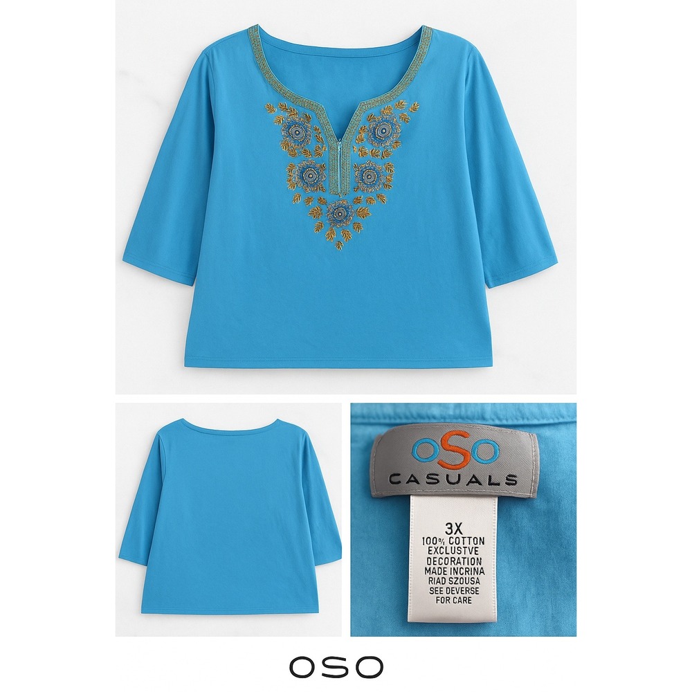 OSO Casuals Shirt Top Women 3X Embroidered 100% Cotton Aztec Paisley Floral Boho